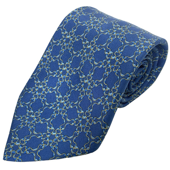 HERMES 100% Silk Tie 56”x3.5” Blue Gold Curly Ribbon on Blue 7726 Geometric EUC - Picture 1 of 5